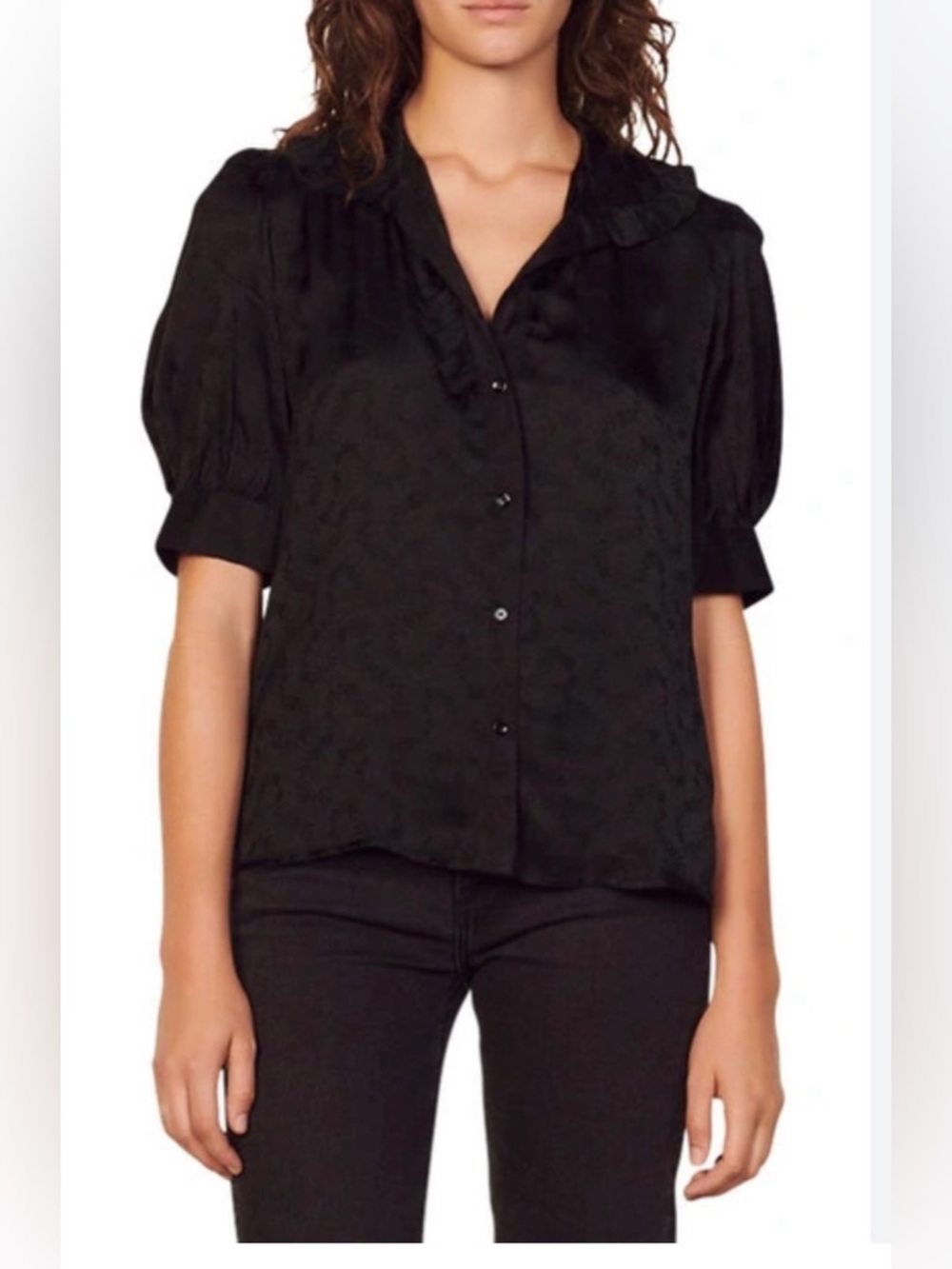 Sandro Paris Estelle blouse 2 black floral jacquard puffed sleeves US Sz 6
